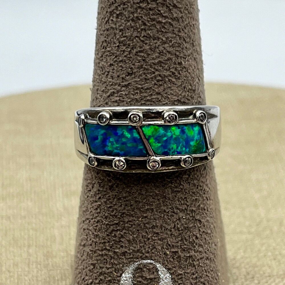 Large Sterling Silver Blue Synthetic Opal Narrow Dome Ring for Women CZ Accent - Picture 3 of 9